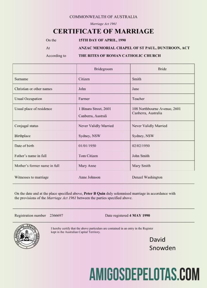 Austrália, Comunidade da Austrália, certidão de casamento em formato Word e PDF exemplo